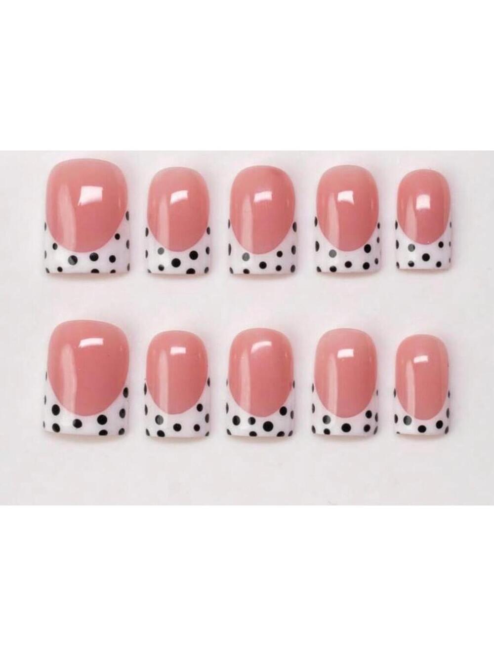 Extra short square Press on nails white French tips black polka dots design